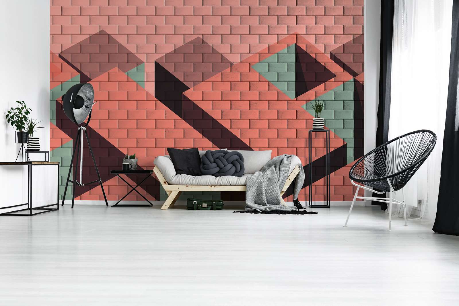             Brick Wall Wall Mural with Block Painting - Red, Pink, Green
        