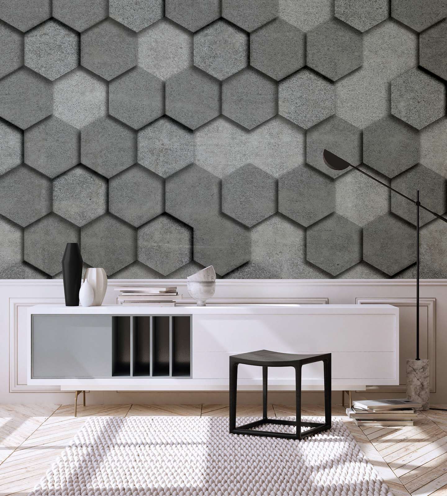             Mural de pared con azulejos geométricos de aspecto hexagonal 3D - gris, plata
        