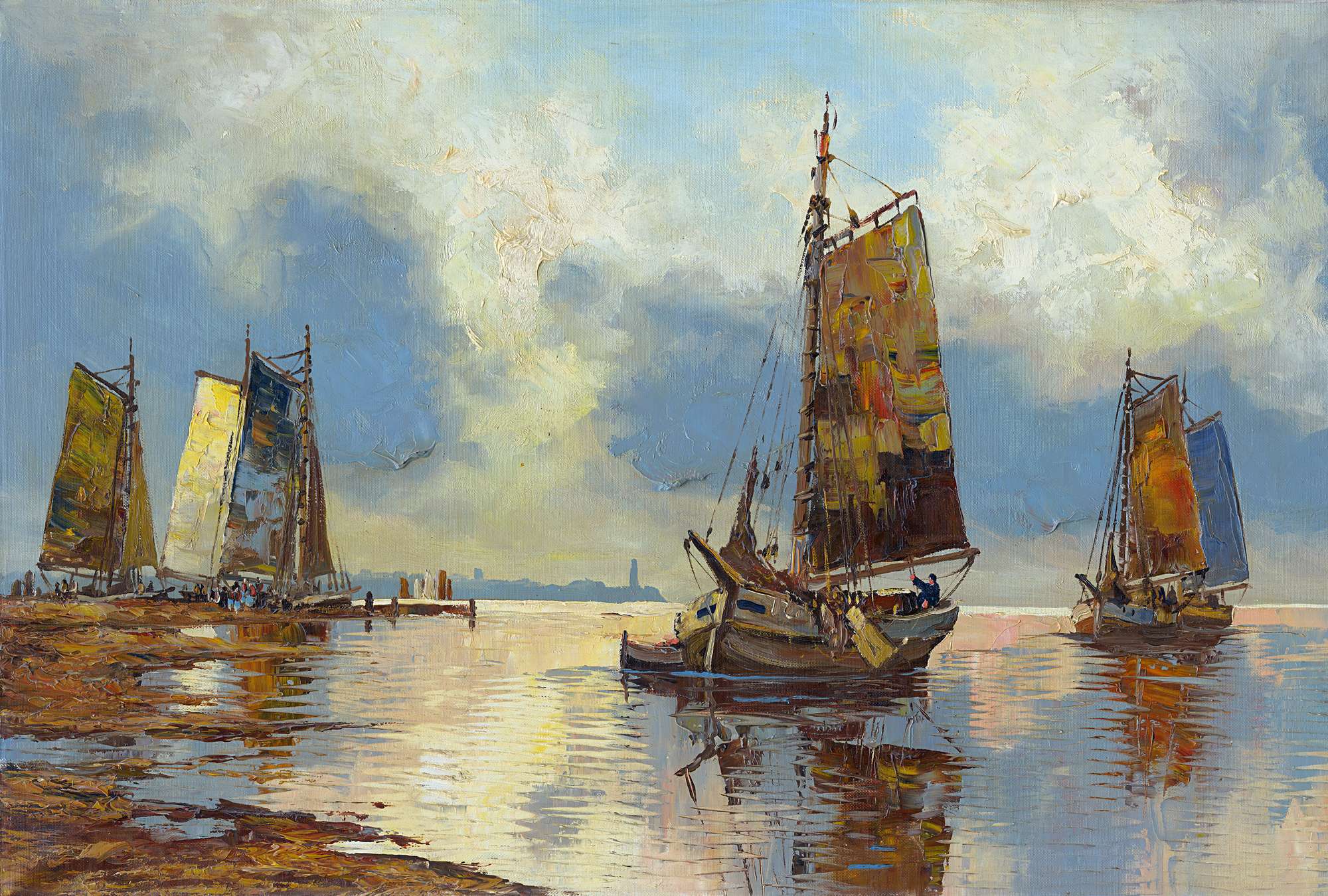             Pittura ad olio con murale storico di navi a vela
        