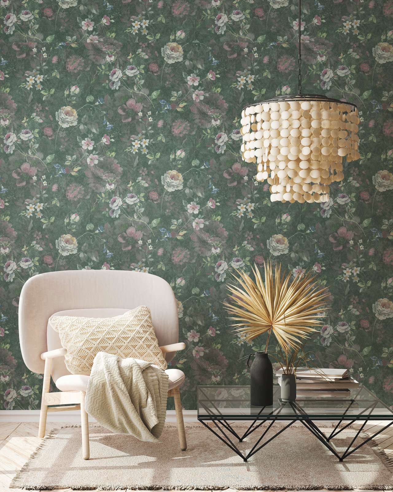             Non-woven wallpaper with painted floral pattern PVC-free - green, white, pink
        
