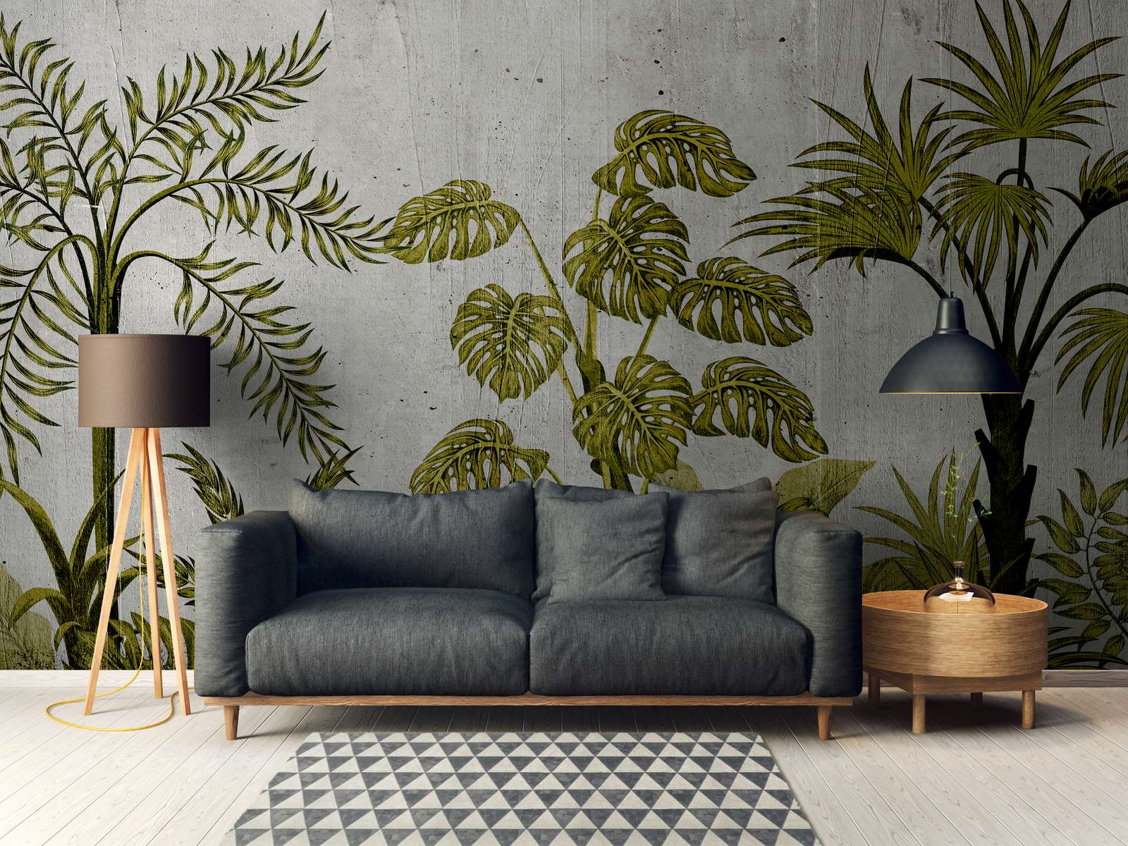            Digital behang met jungle-motief op betonnen achtergrond - groen, grijs
        
