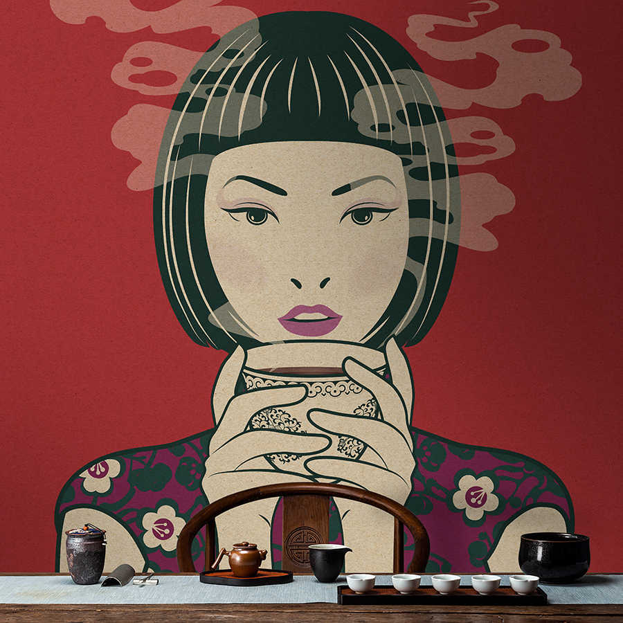 Akari 1 - Hora del té, estilo manga sobre papel pintado fotográfico - estructura de cartón - beige, rojo | estructura no tejida
