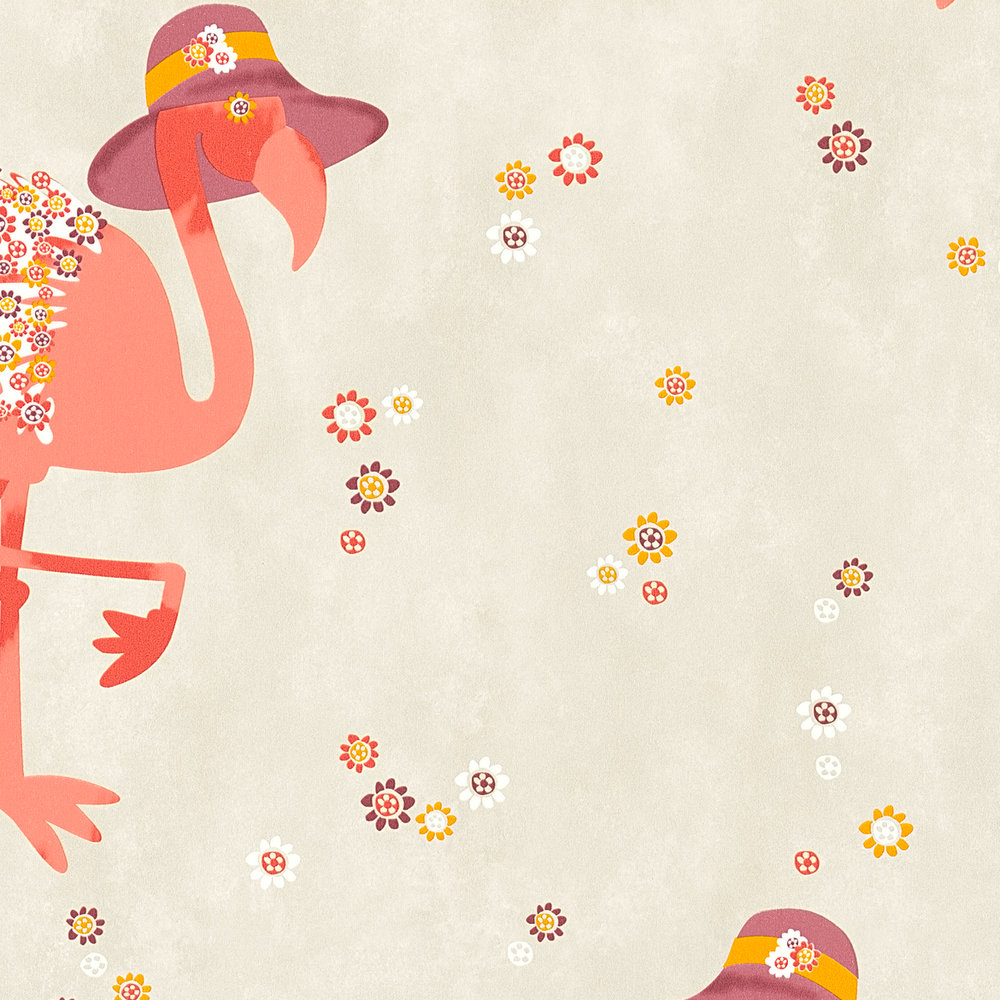             Flamingo papier peint intissé avec motif floral pour enfants - beige, orange
        