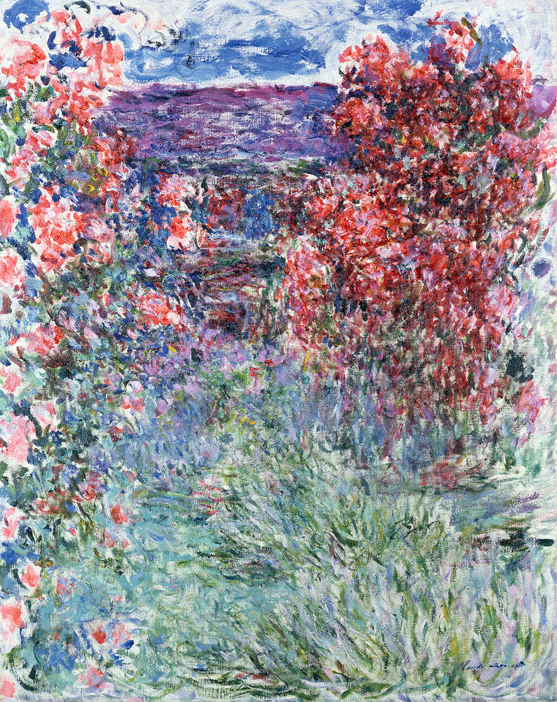             Muurschildering "Het huis in Giverny onder de rozen" door Claude Monet
        