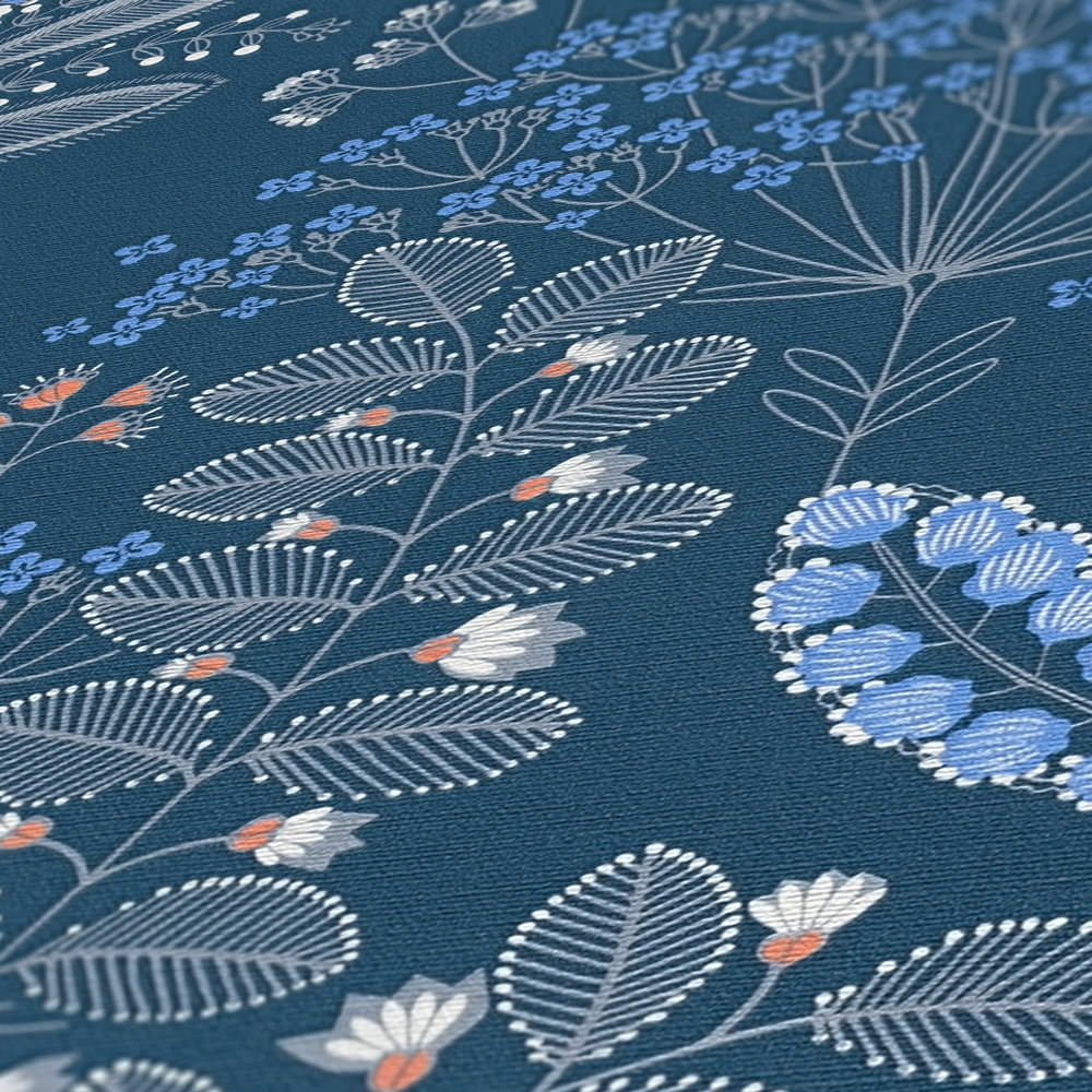             papier peint en papier intissé floral avec feuilles dans le style rétro légèrement structuré, mat - bleu, blanc, gris
        