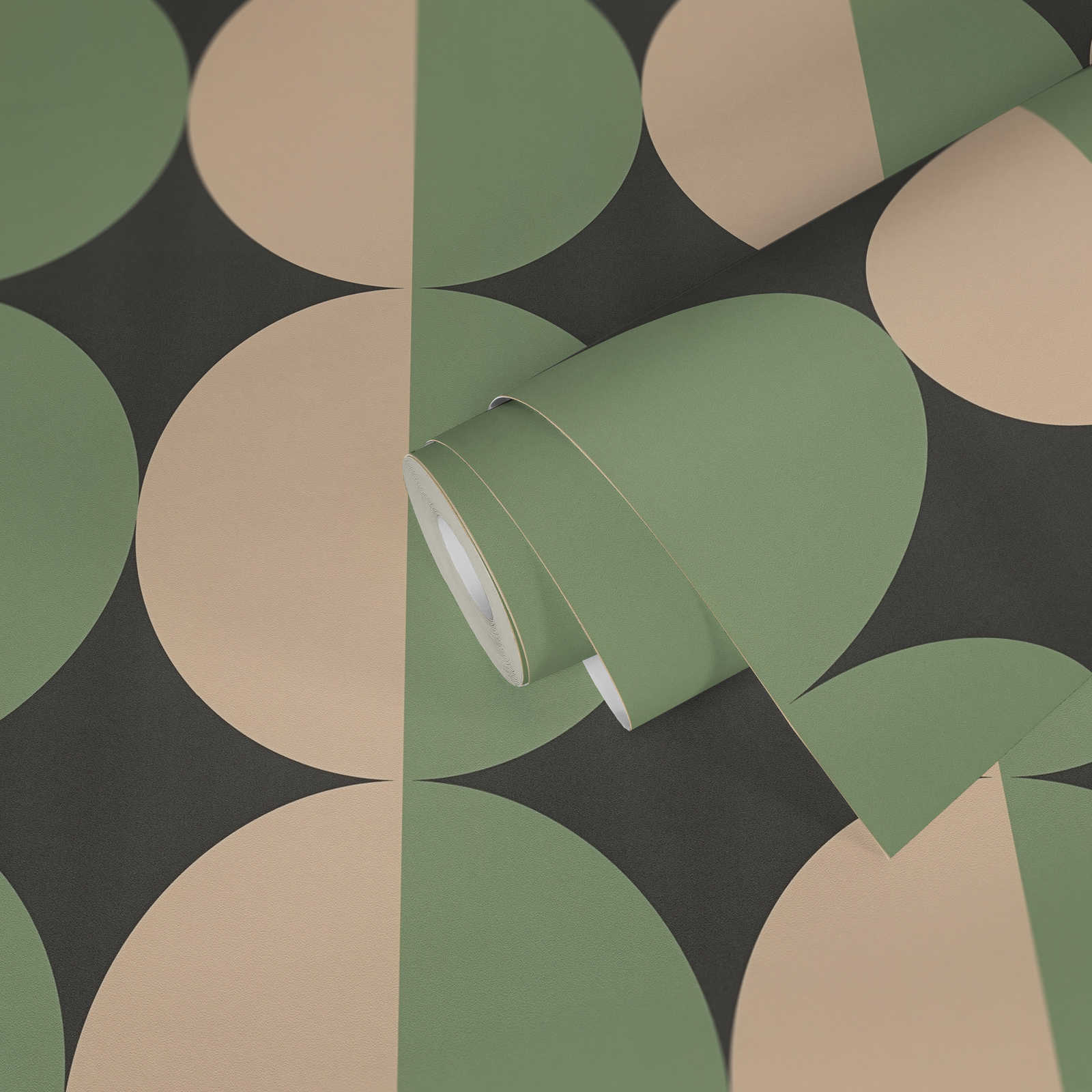             Carta da parati in tessuto non tessuto con motivi grafici a cerchio retro - verde, beige, nero
        