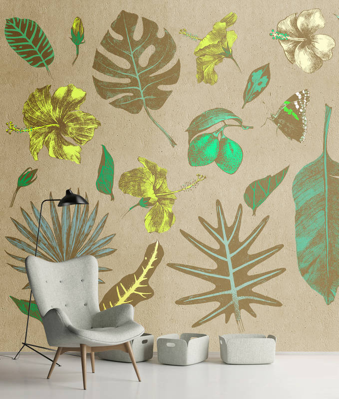             Photo wallpaper sketch flamingo and leaves - beige, green
        