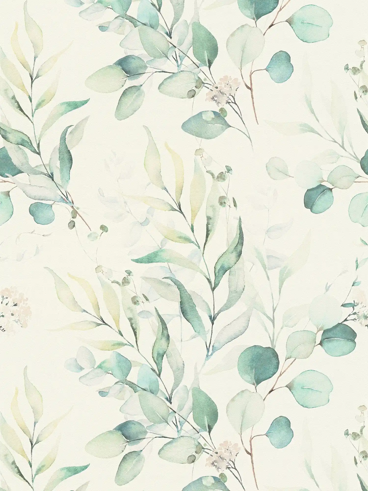 Non-woven wallpaper with watercolour leaf pattern - cream, green
