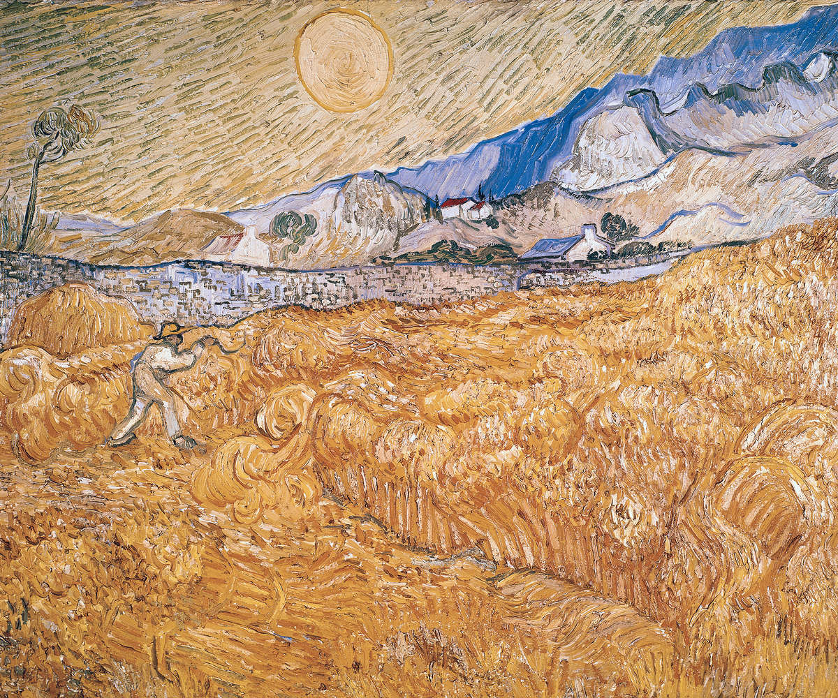             De oogstmachine" muurschildering van Vincent van Gogh
        