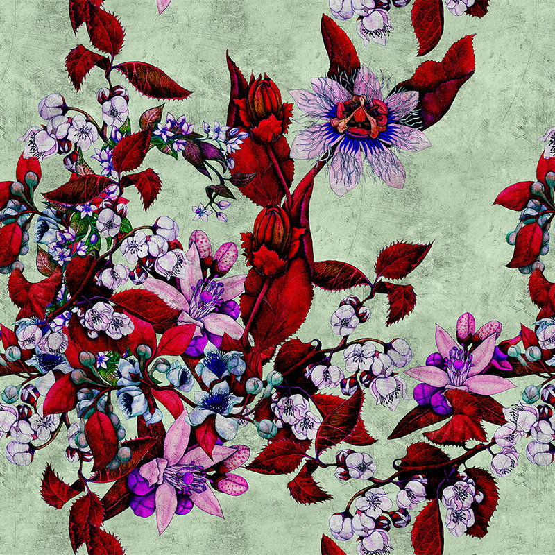 Tropical Passion 3 - Papier peint panoramique au design floral ludique - structure grattée - vert, rouge | Intissé lisse mat
