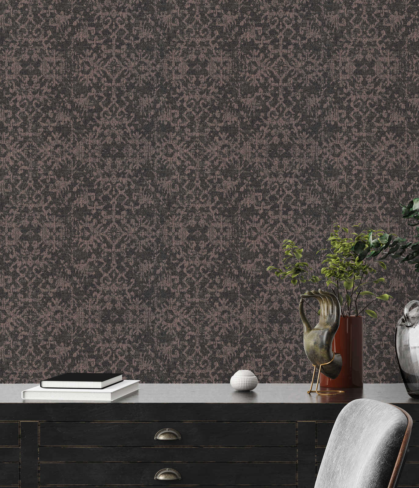             Black wallpaper with textile look and carpet design
        