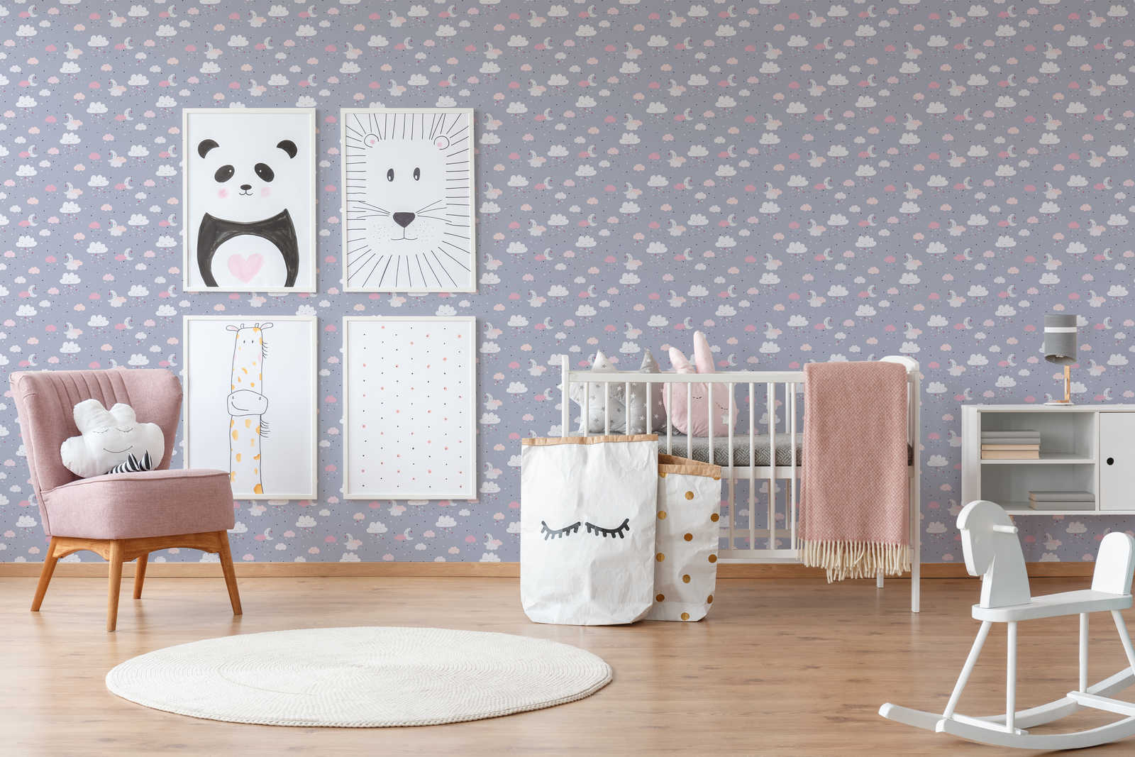             Papel pintado de habitación infantil niñas cielo nocturno - gris, rosa, beige
        
