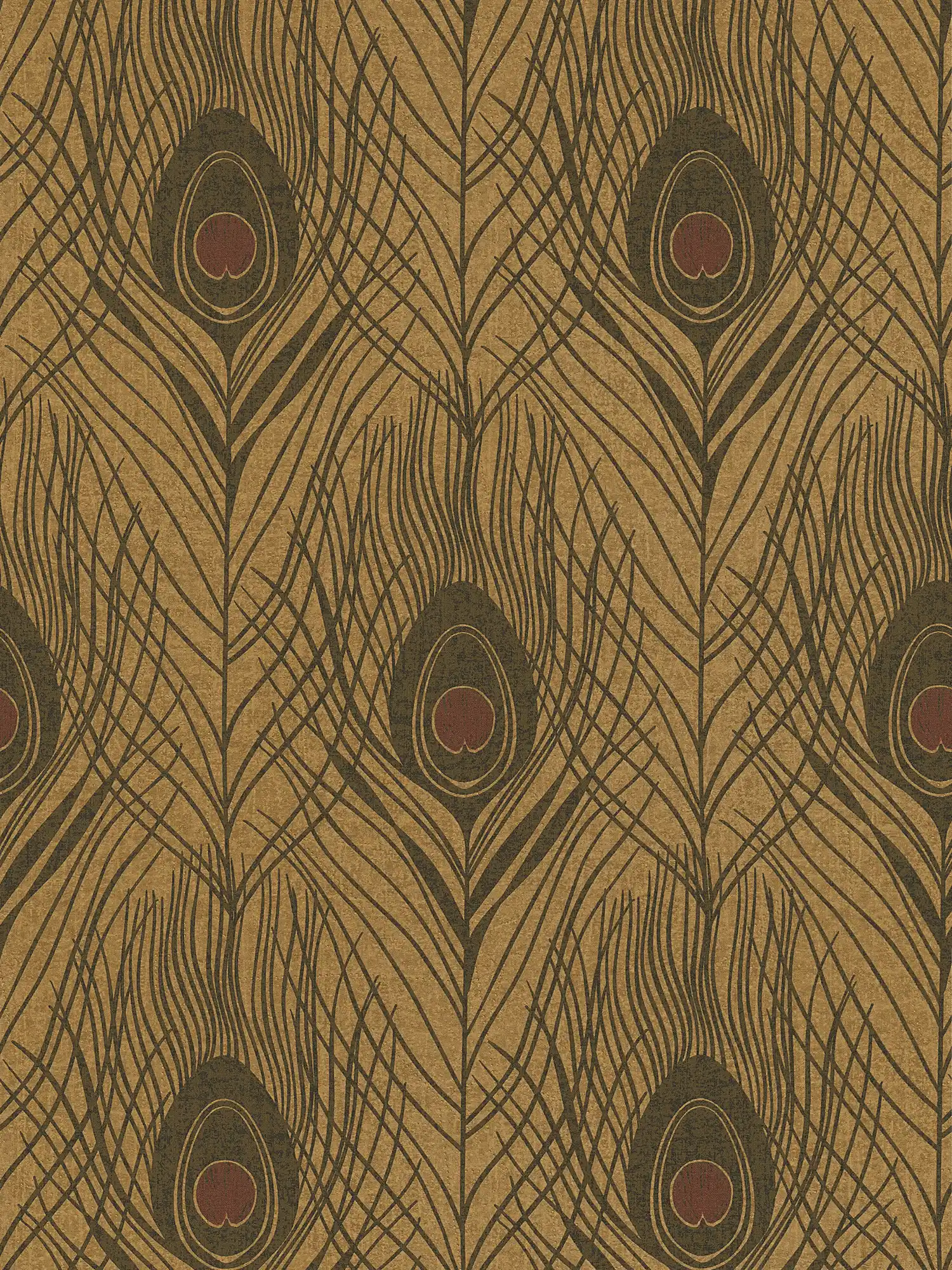 Golden non-woven wallpaper with peacock feathers - black, gold, brown
