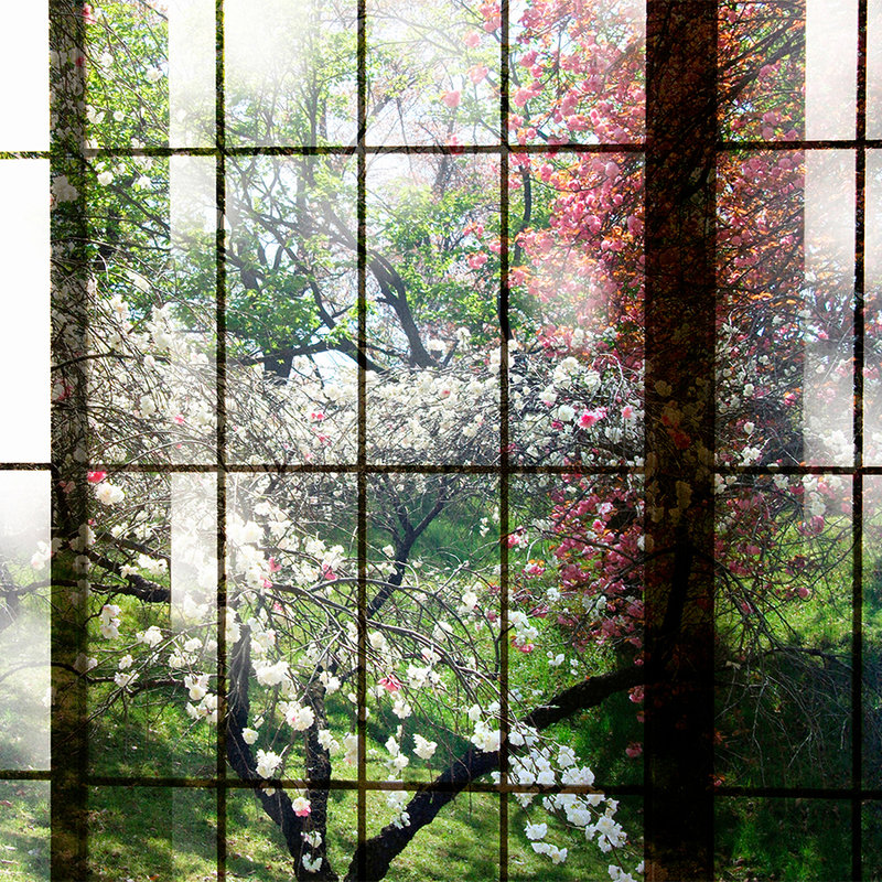 Orchard 2 - Digital behang, Raam met uitzicht op de tuin - Groen, Roze | Strukturenvlies
