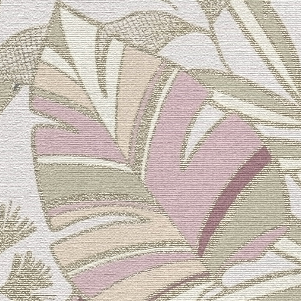             Papier peint intissé avec grandes feuilles légèrement brillantes - rose, blanc, or
        