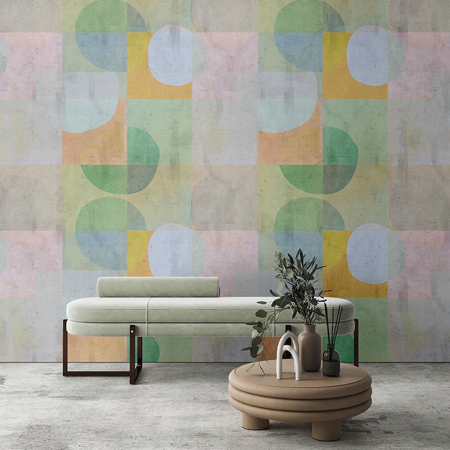 Photo wallpaper »elija 1« - retro pattern in pale colours with concrete look - green, blue, pink | Smooth, slightly pearlescent non-woven fabric

