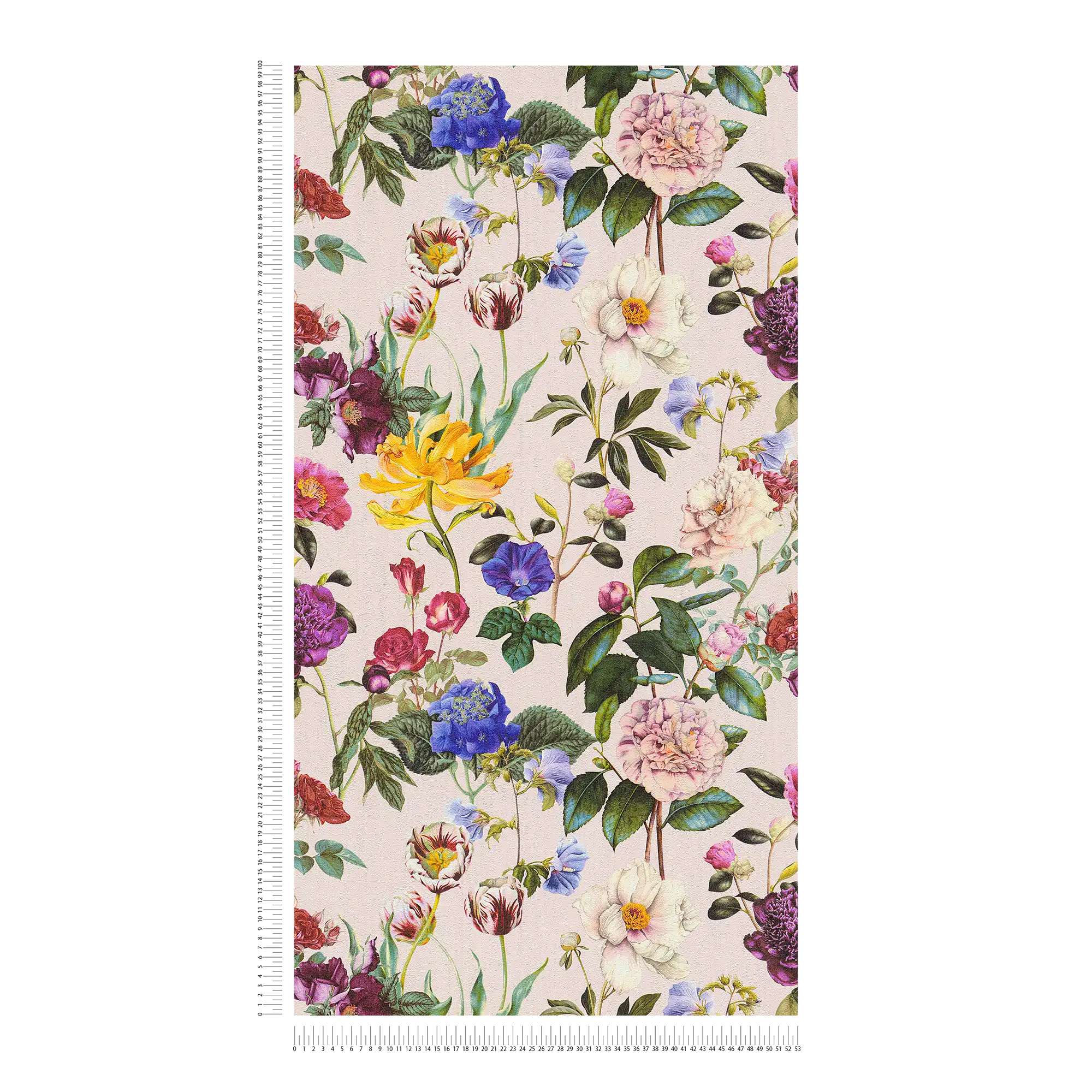             Floral wallpaper with flowers in bright colours - colourful, green, pink
        