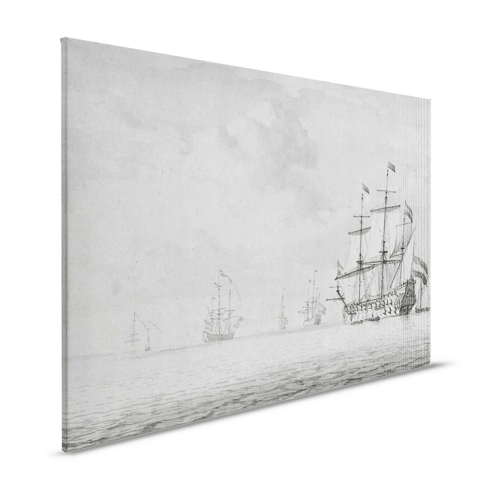 Op zee 2 - Grijs Beige Canvas schilderij Schepen Vintage schilderstijl - 1.20 m x 0.80 m

