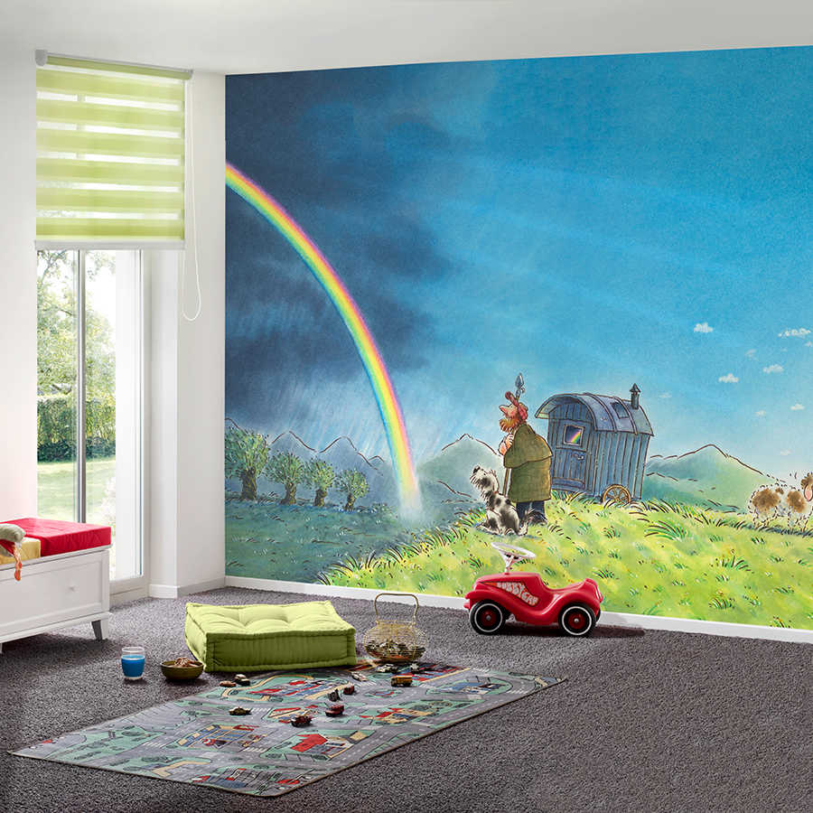 Children mural shepherd with dog and rainbow on mother of pearl smooth fleece
