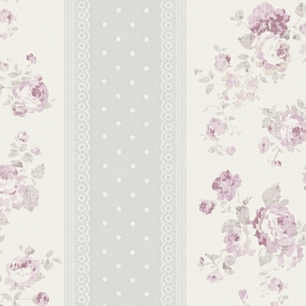             Striped wallpaper with flowers and dot pattern - grey, white, pink
        