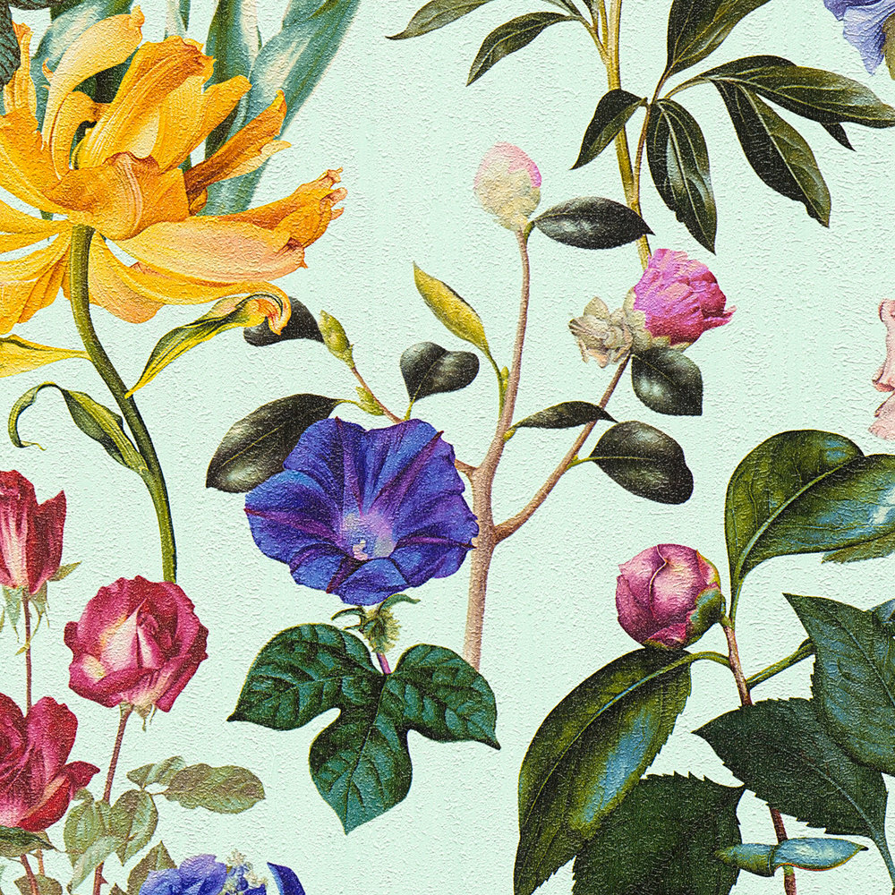             Papier peint fleuri avec des fleurs aux couleurs vives - bleu, vert, rouge
        