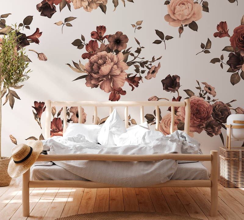             Papier peint fleuri design romantique - rose, blanc, marron
        