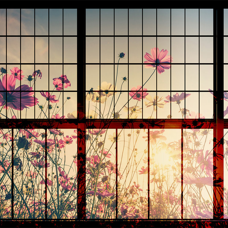 Meadow 1 - Muntin Window Wallpaper with Flower Meadow - Green, Pink | Matt Smooth Non-woven
