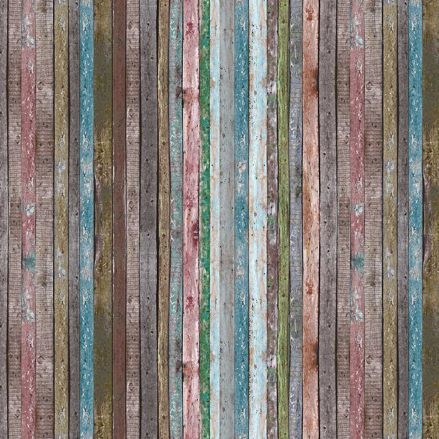 Fotomural de madera valla de tablas marrón turquesa sobre vellón liso nacarado
