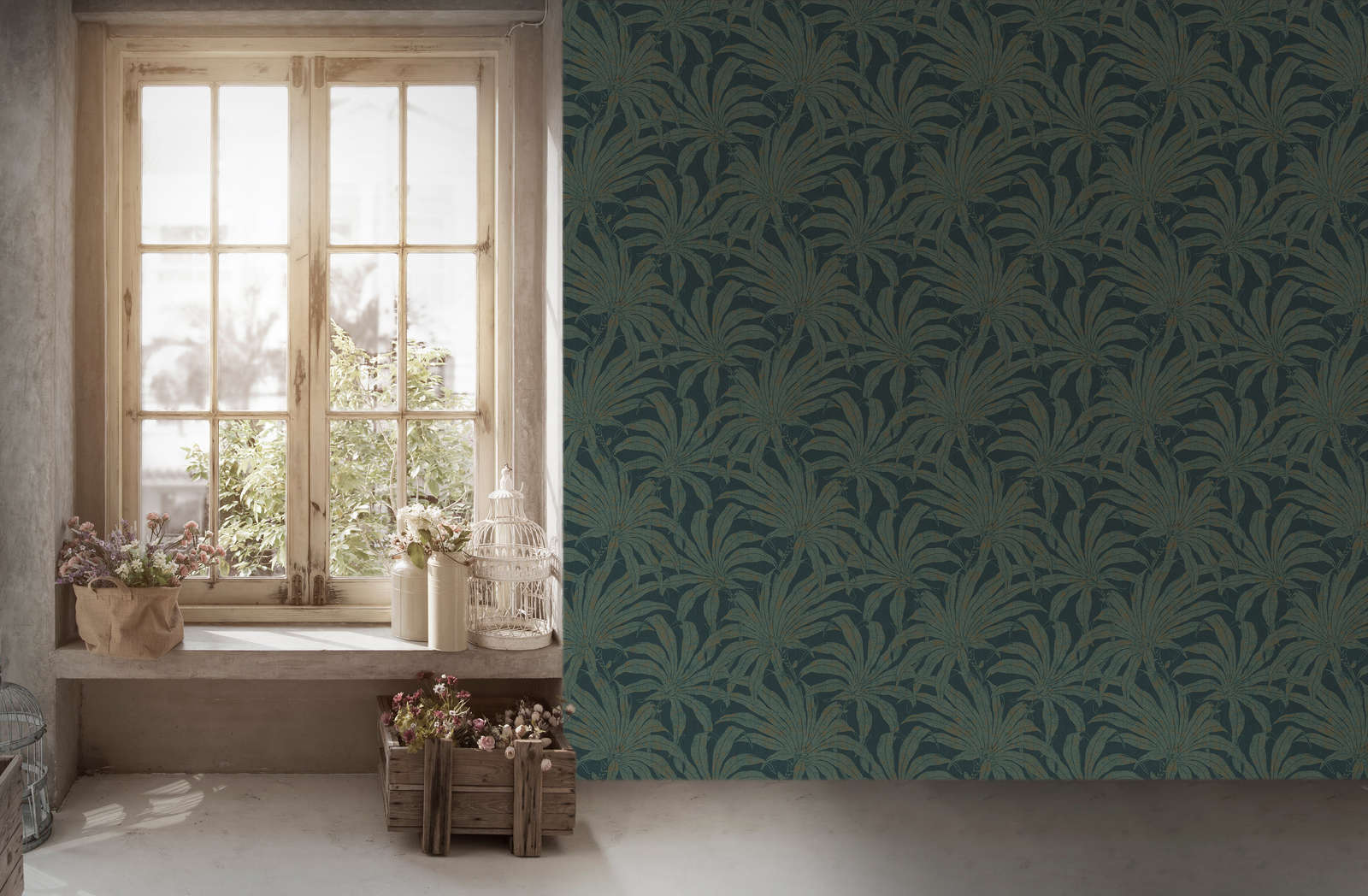             Floral pattern wallpaper with botanical jungle leaves - petrol, gold, blue
        