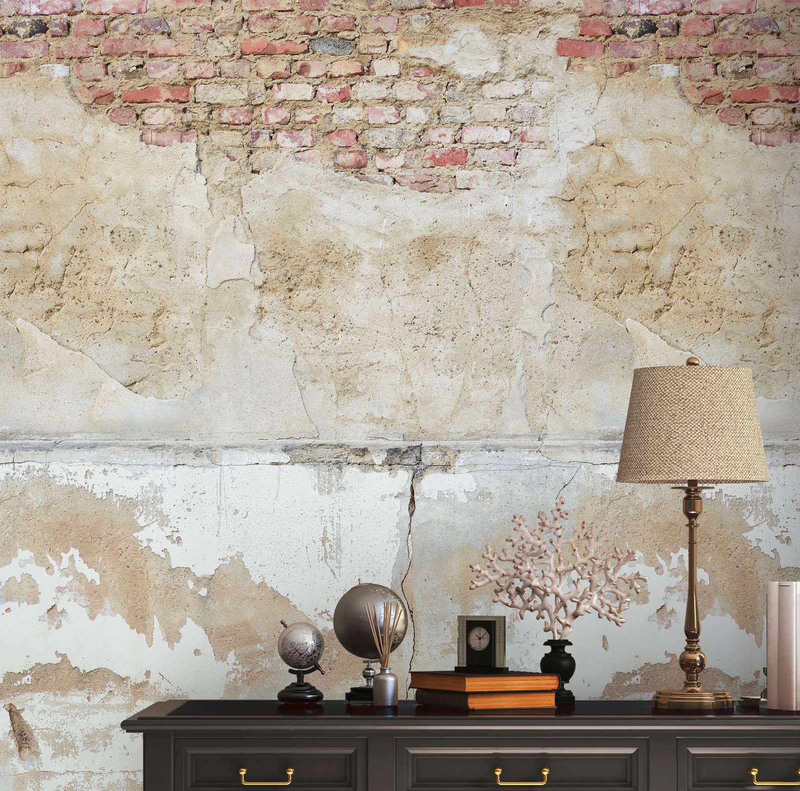             Steenmuurbehang met betonlook in abstracte look - beige, grijs, bruin
        