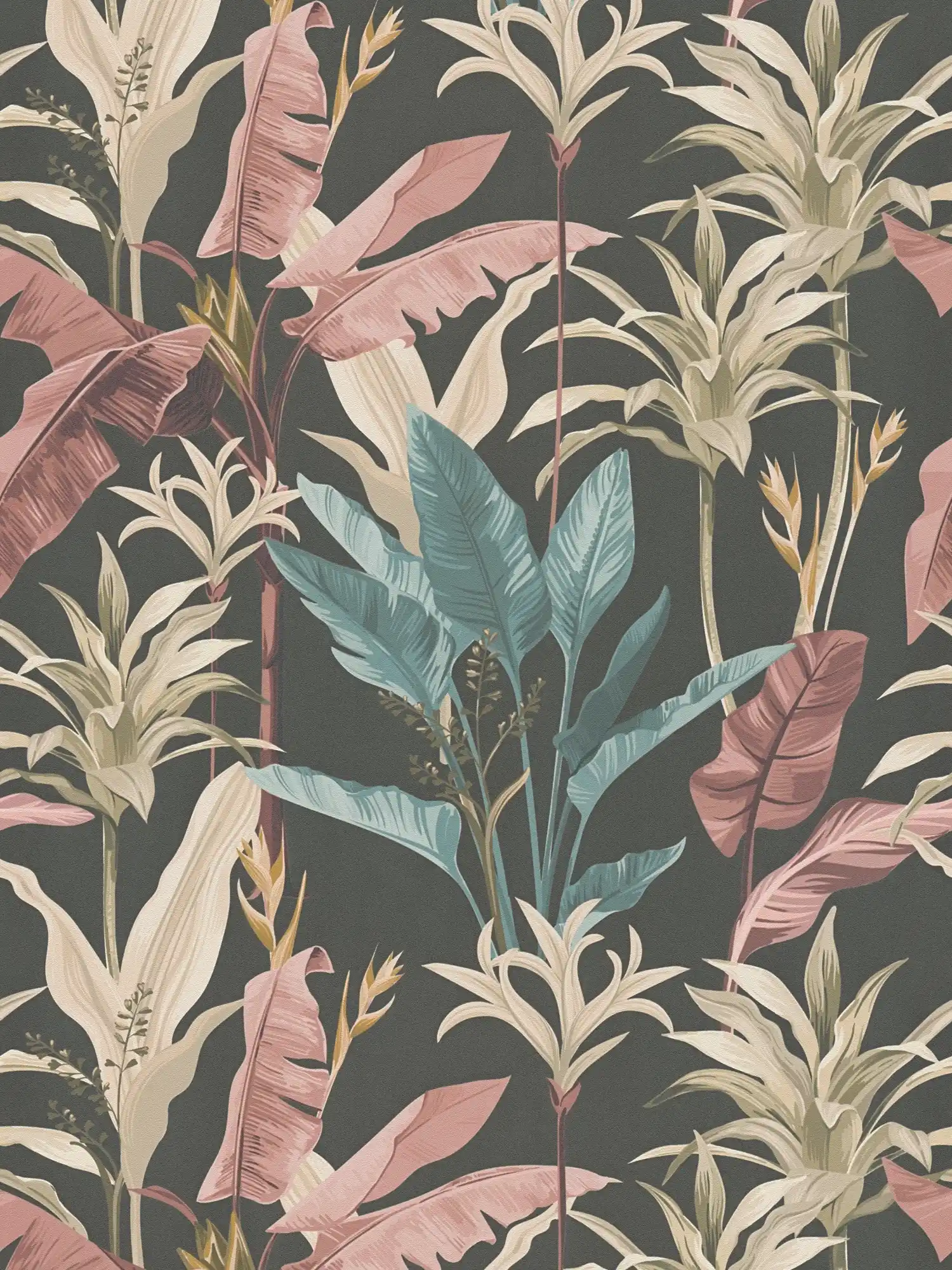 Papel pintado no tejido con un detallado diseño de hojas florales - azul, rosa, marrón
