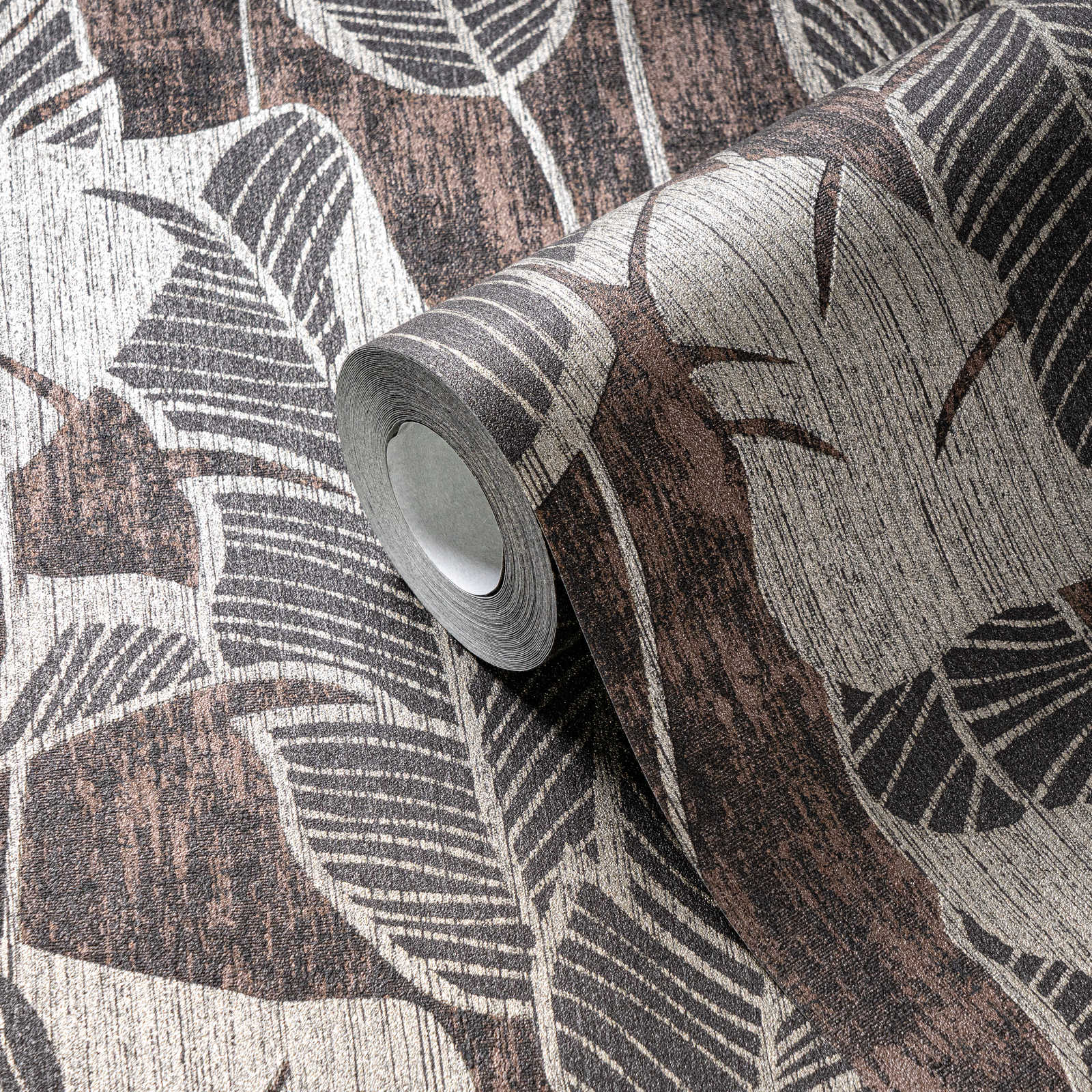             Bloemrijkpatroon behang met jungle design - bruin, grijs, zwart
        