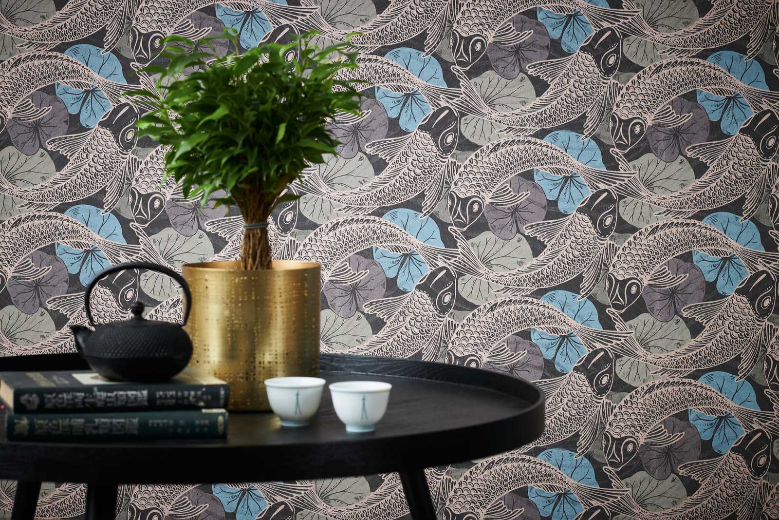             Papel pintado no tejido Diseño koi asiático con efecto metálico - azul, metálico, negro
        
