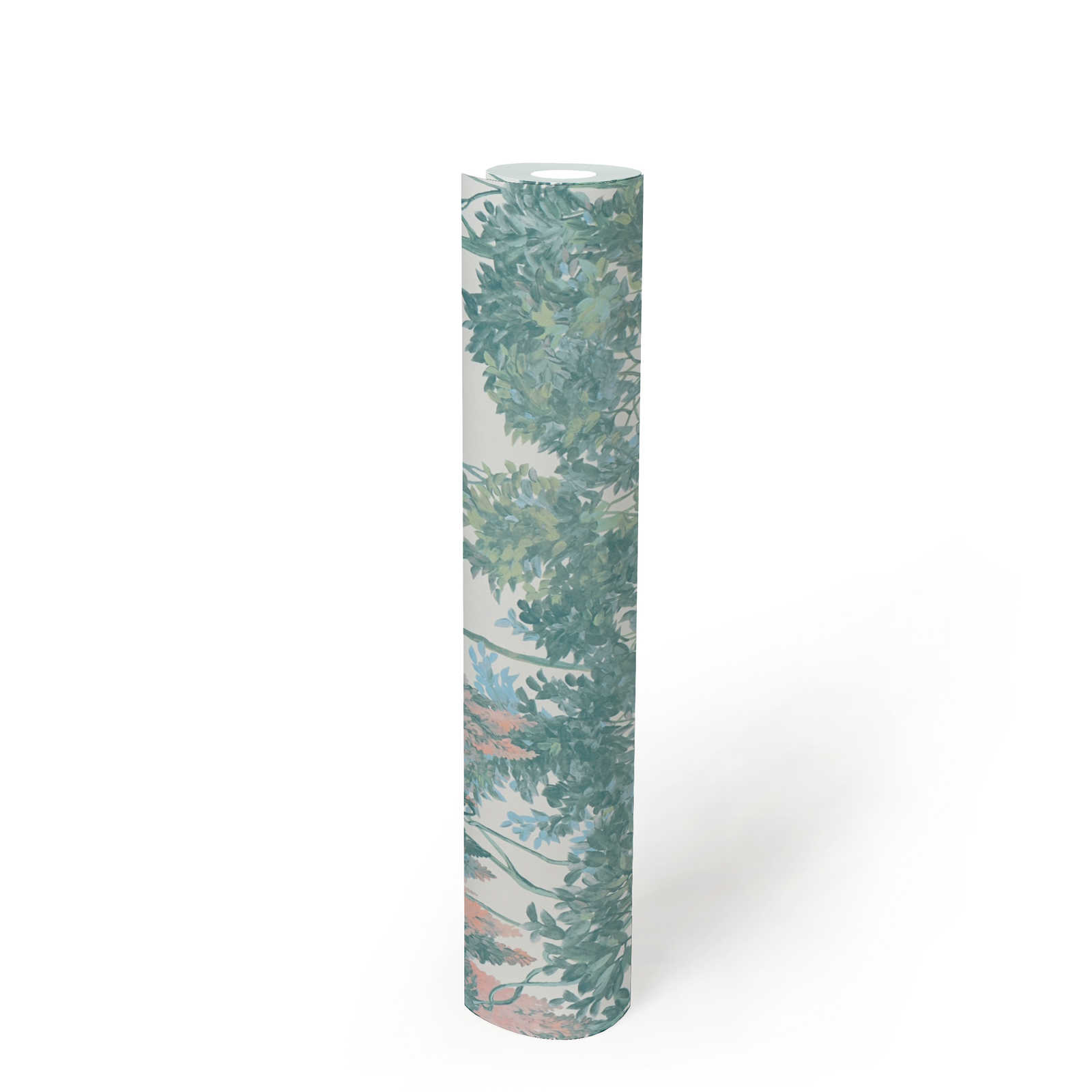             Non-woven wallpaper in jungle style with trees - colourful, green, white
        