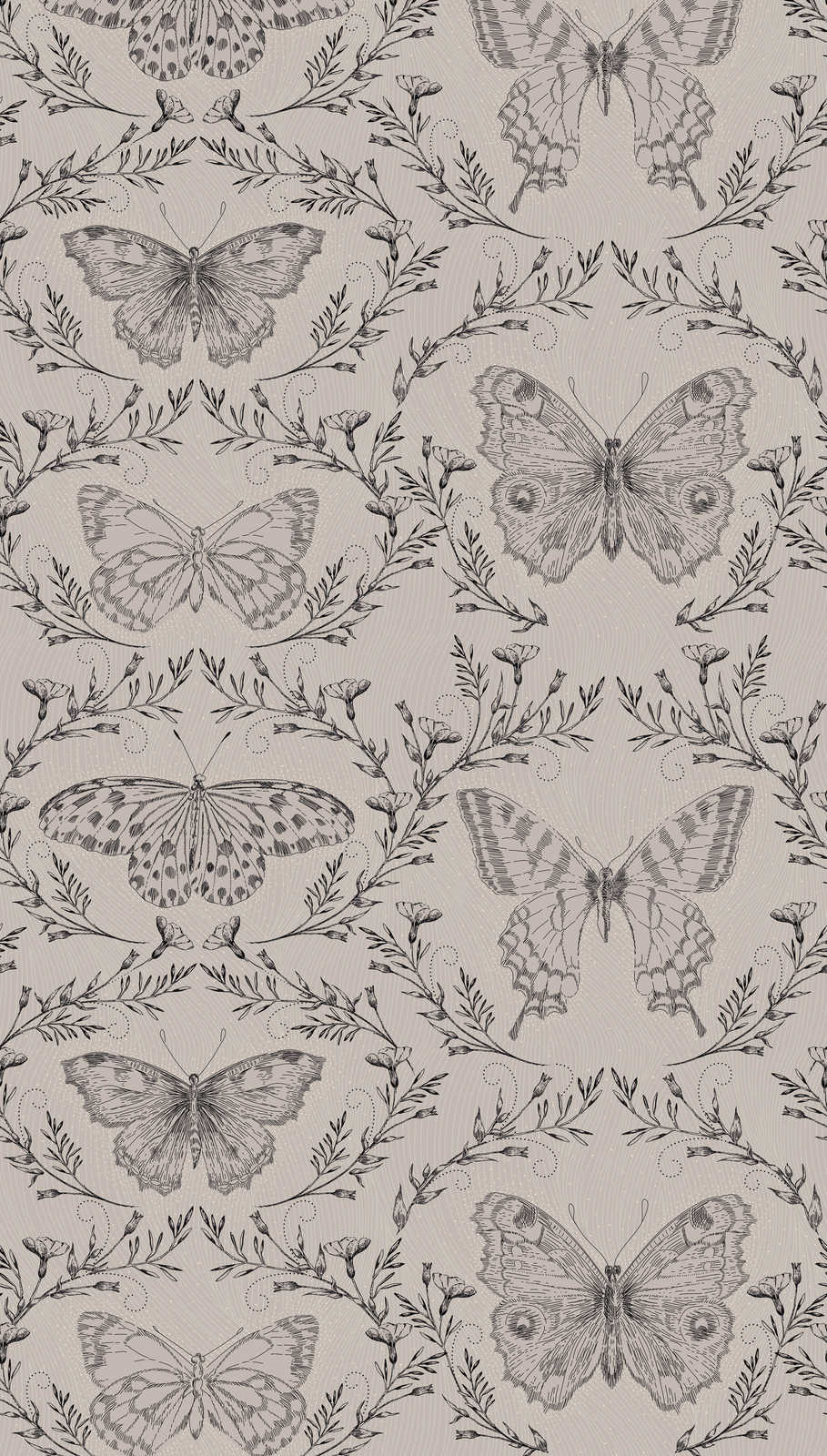             Butterfly wallpaper with vines in a dark design - grey, greige, black
        