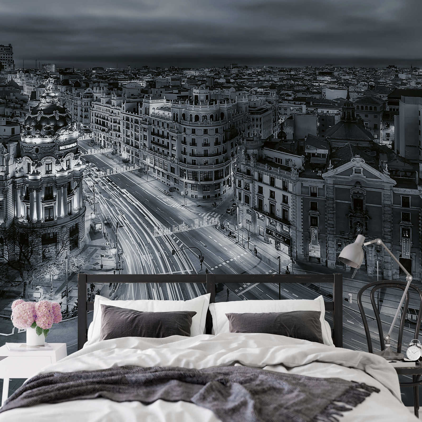             Photo wallpaper Madrid city - grey, white, black
        
