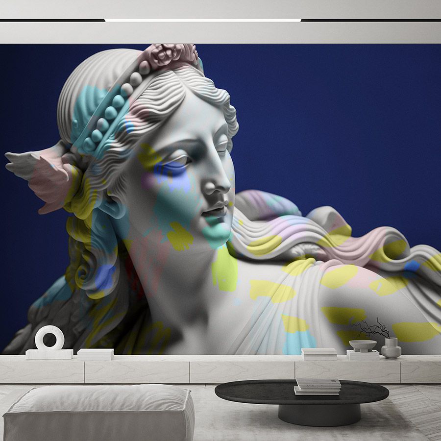 Photo wallpaper »anthea« - female sculpture with colourful accents - Smooth, slightly pearly shimmering non-woven fabric
