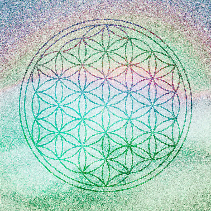 Papier peint Mandala aux couleurs de l'arc-en-ciel - vert, violet, rose
