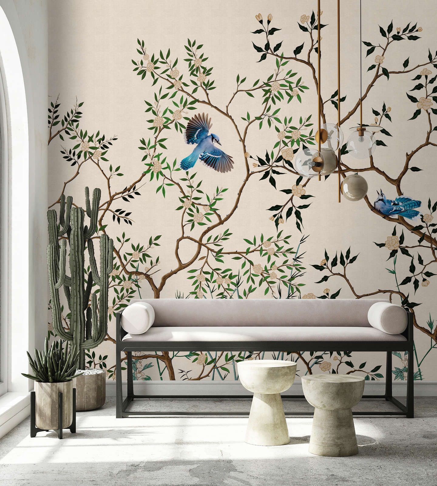             Photo wallpaper »merula« - branches & birds - light with linen texture | Smooth, slightly pearlescent non-woven fabric
        