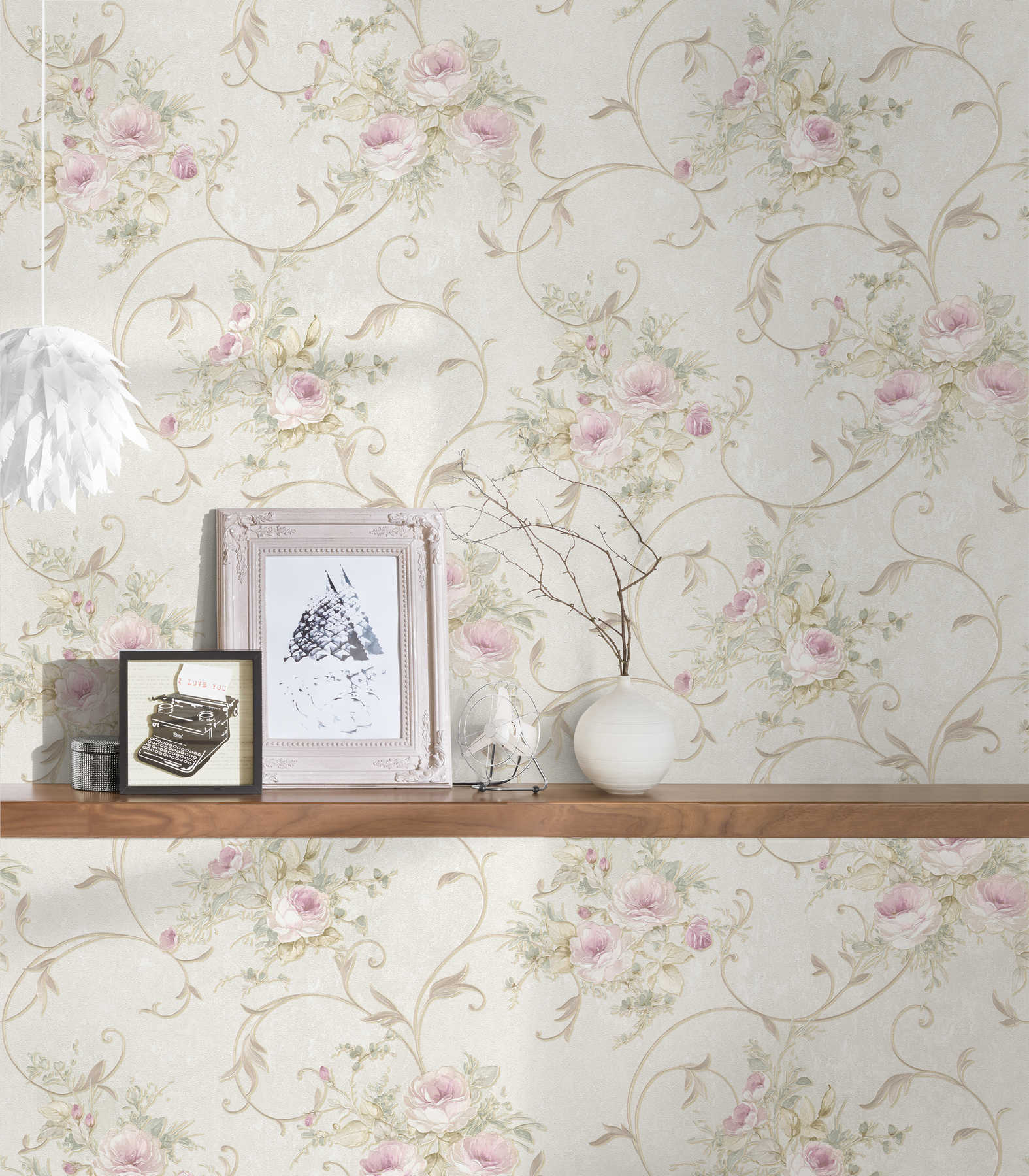             Rose wallpaper with metallic colours & tendril pattern - cream, green, pink
        
