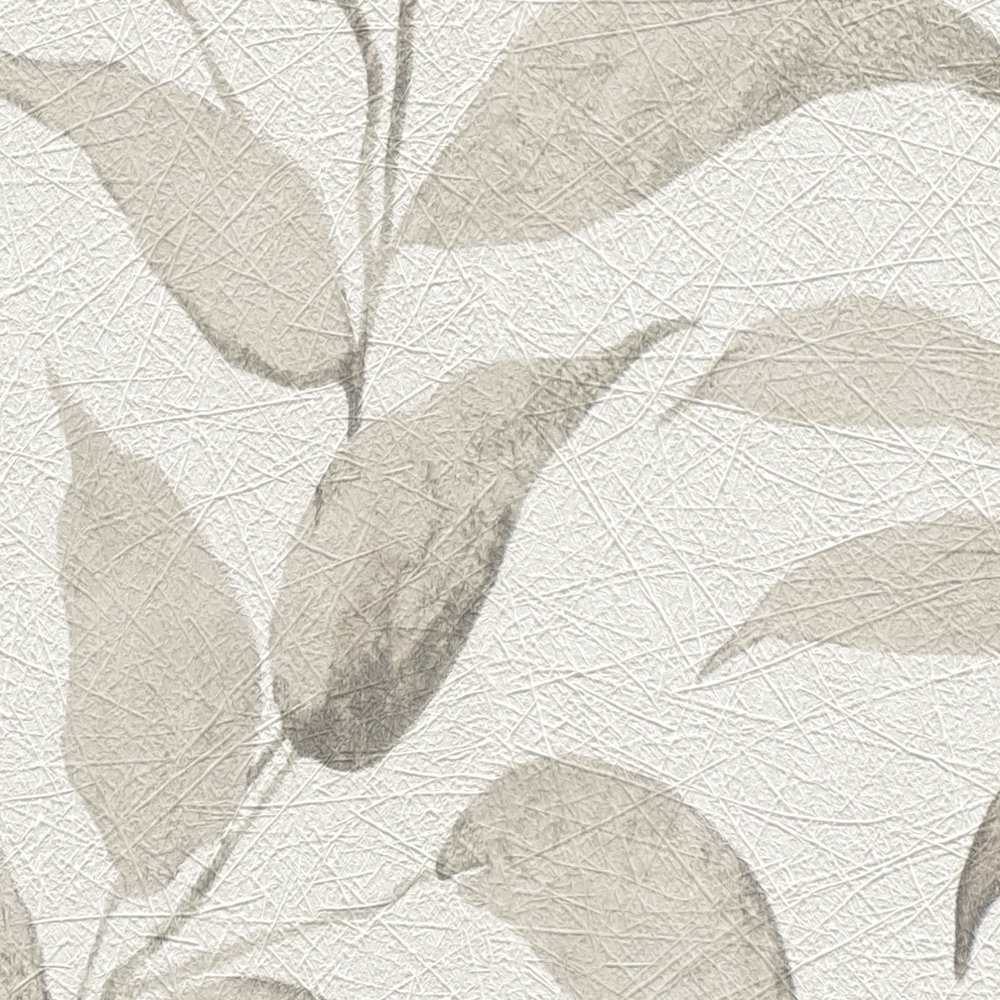             Bloemrijkbladeren behang structuur glinstering - wit, grijs, beige
        