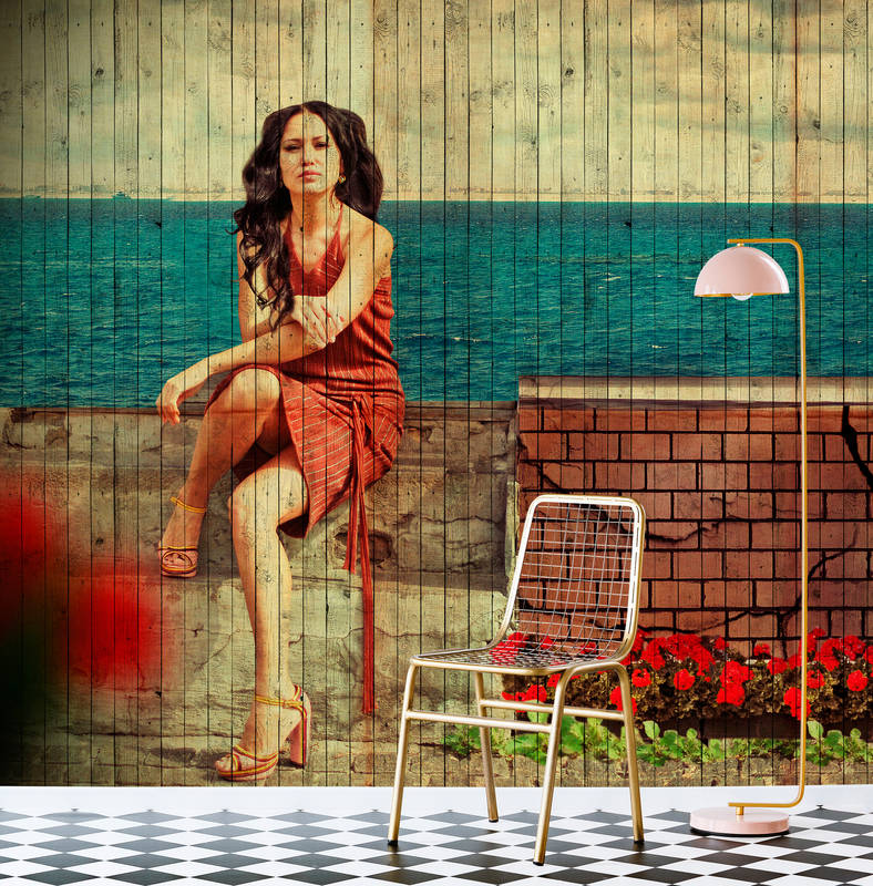             Havana 3 - Beach promenade photo wallpaper in wood panel structure with holiday mood - Beige, Blue | Matt smooth fleece
        