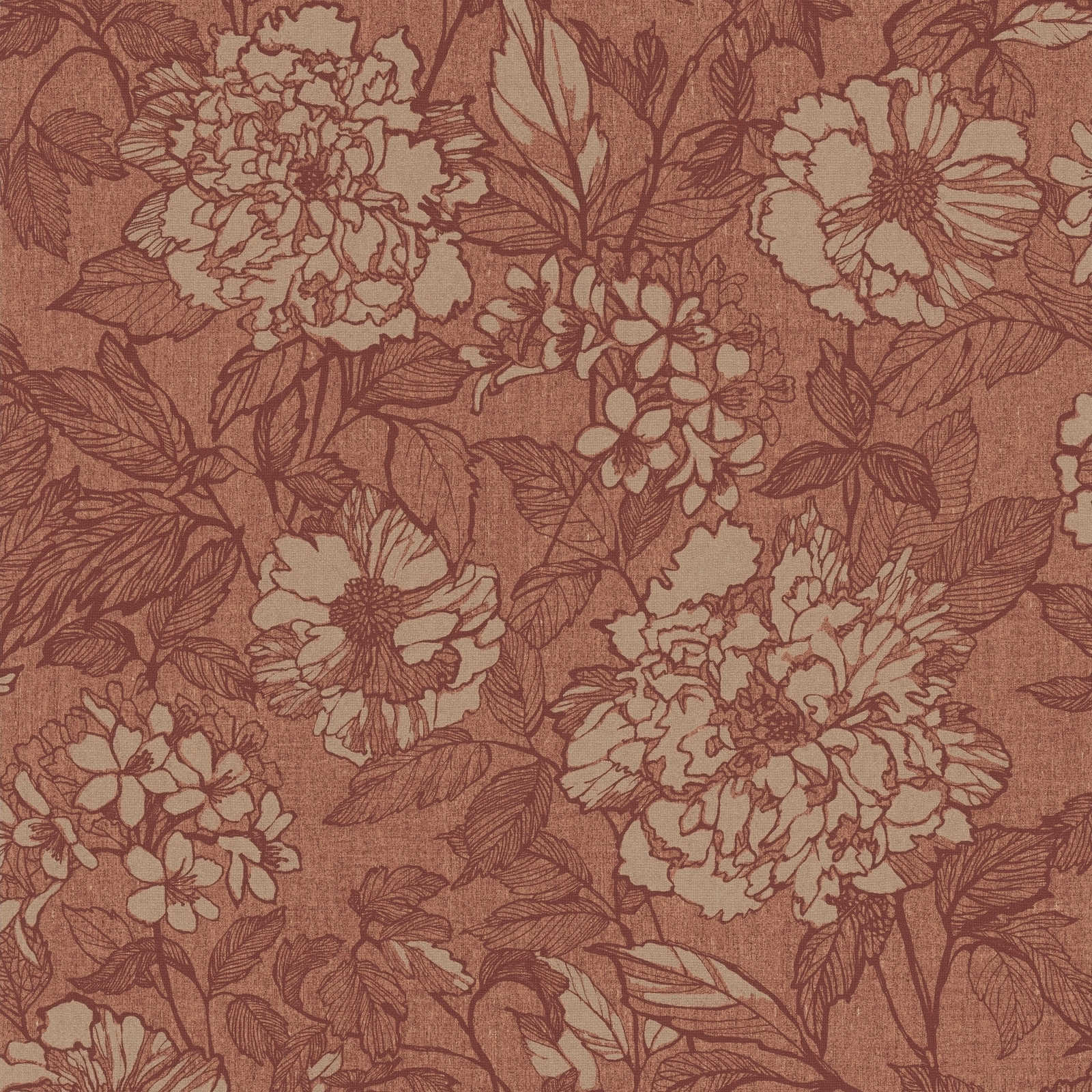 Rust red wallpaper with textile optic floral pattern - Red
