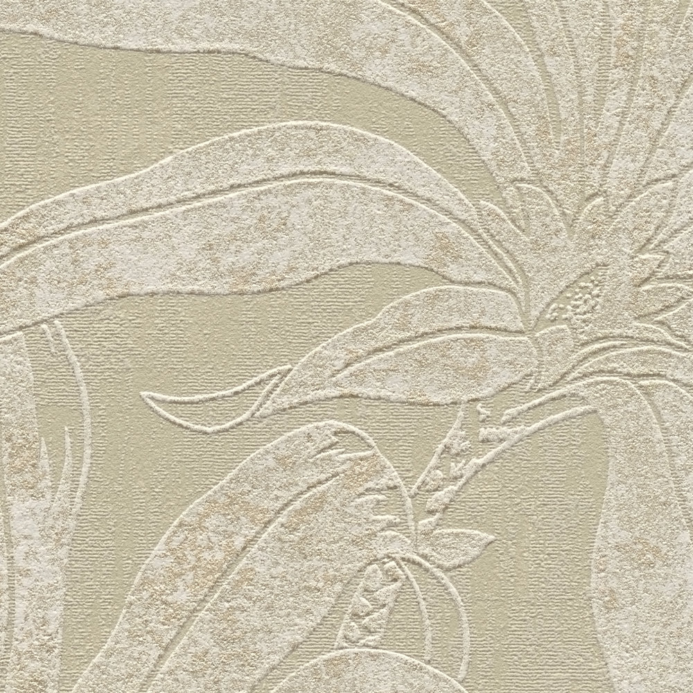            Patroonbehang met botanische junglebladeren - grijs, wit, goud
        