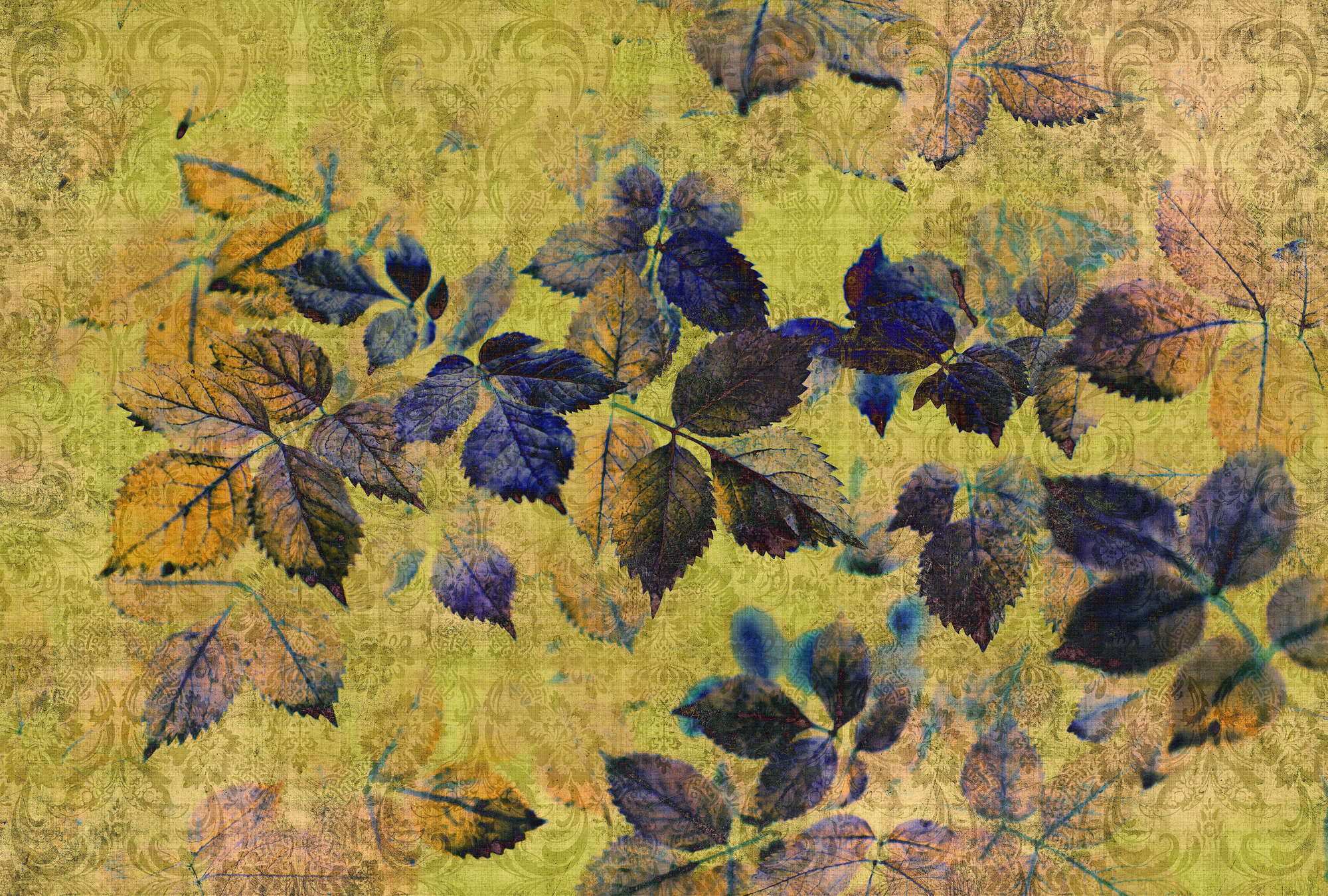             Verano indio 1 - Fotomural con hojas y ornamentos en estructura de lino natural - Amarillo, Naranja | Vellón liso Premium
        