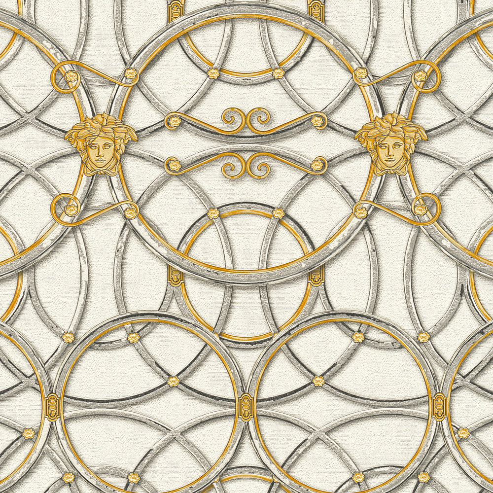             VERSACE Home wallpaper circle pattern and Medusa - gold, silver, white
        