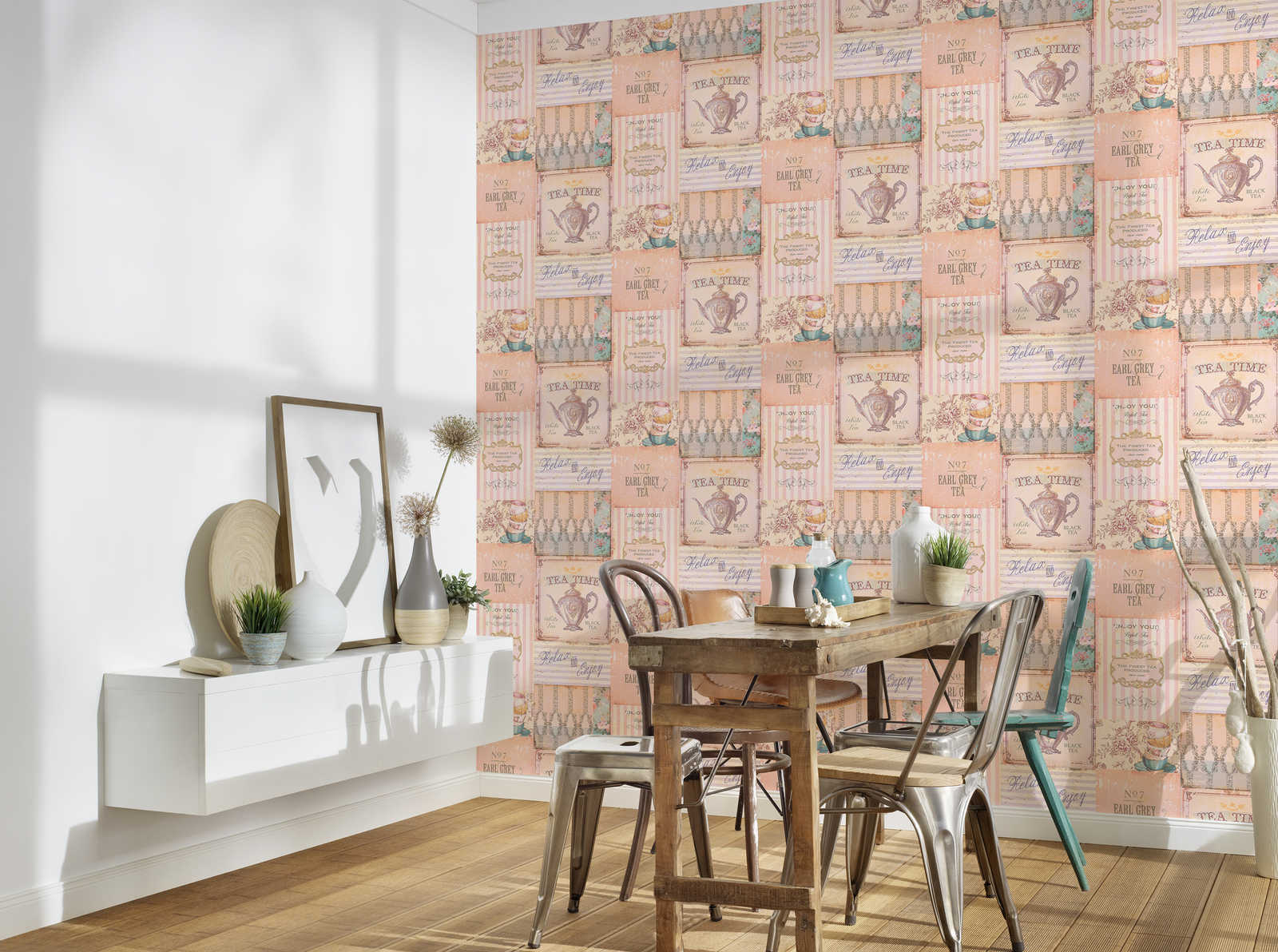             Papel pintado de cocina Collage de la hora del té en estilo campestre - rosa, gris, azul
        