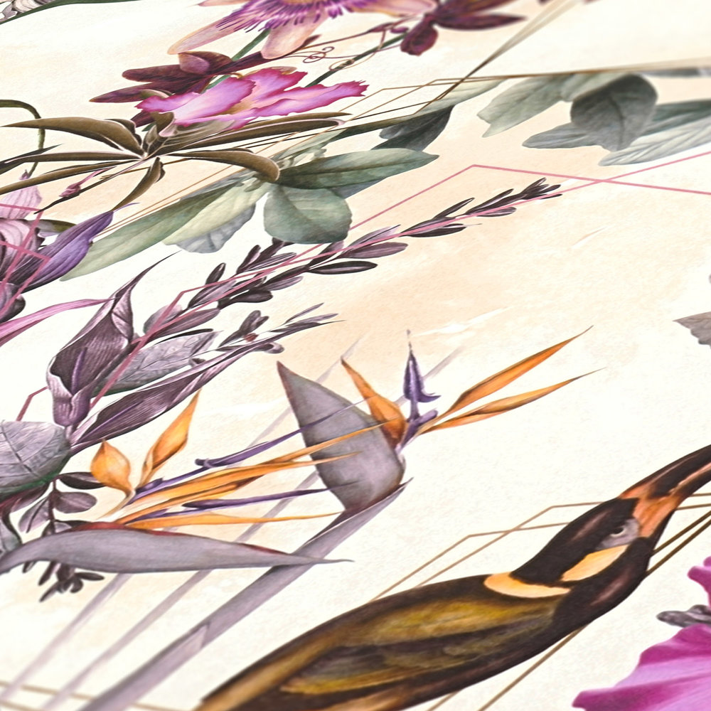             Papel pintado con diseño de flores y pájaros de estilo artístico - beige, verde, rosa
        