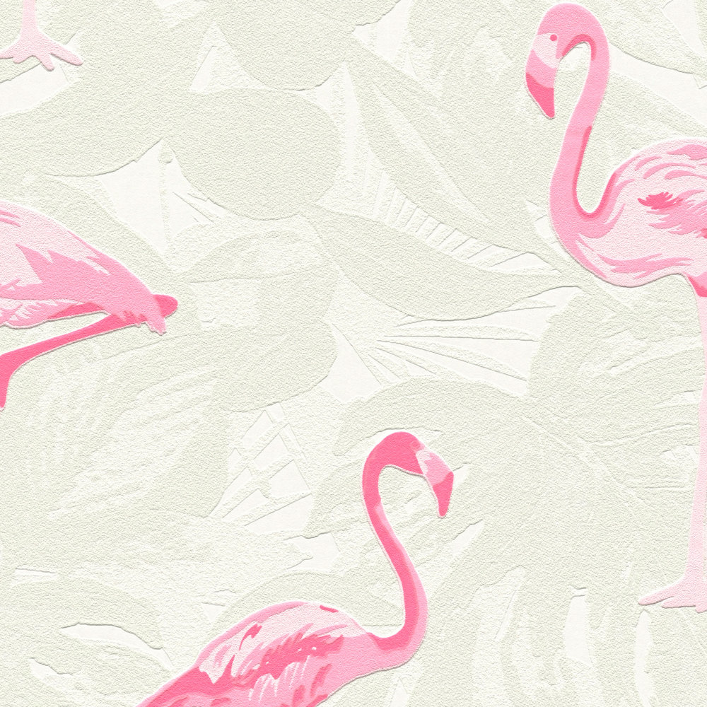             Flamingo wallpaper with texture design & leaves pattern - cream, pink
        