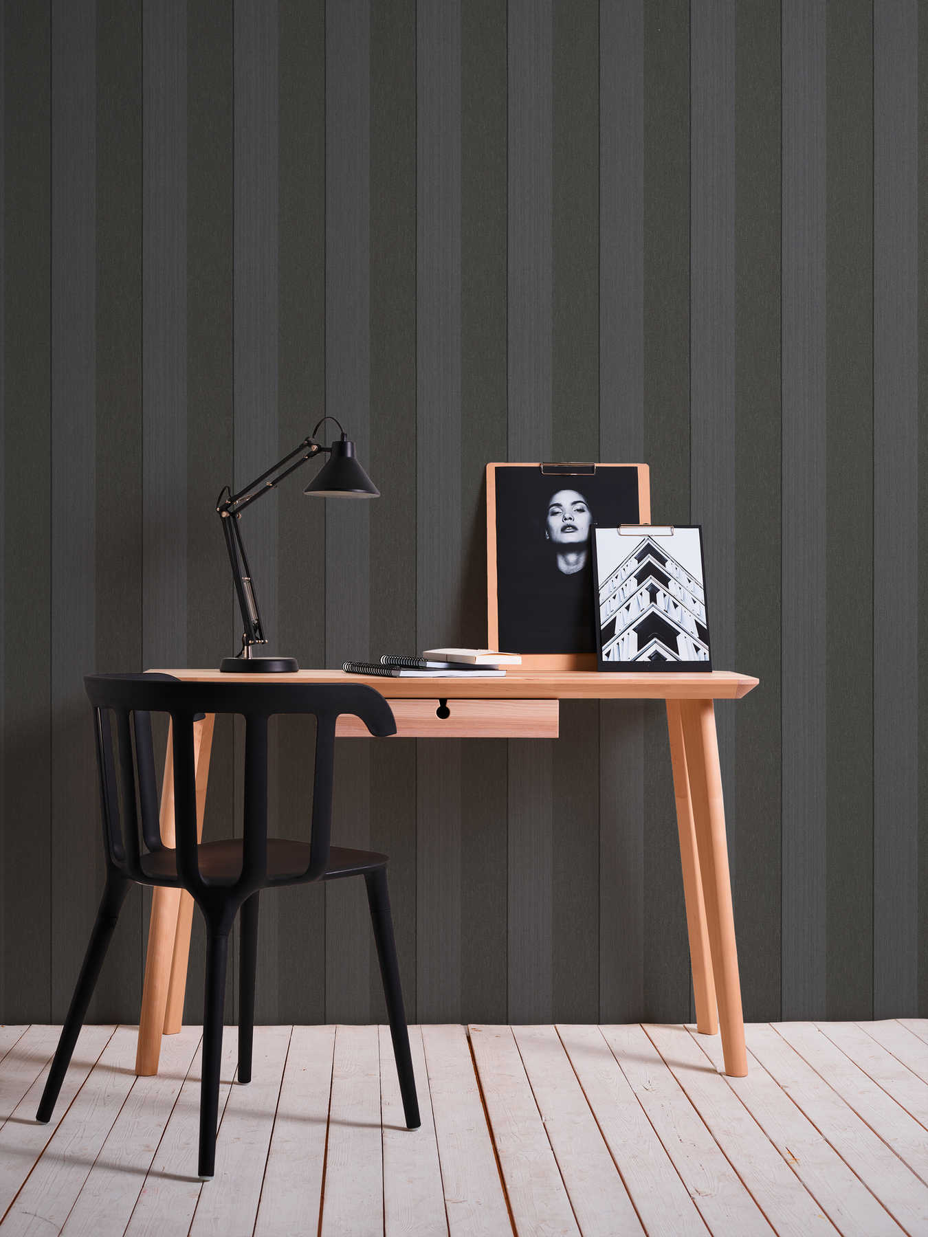             Dark non-woven wallpaper striped with textured pattern - brown
        